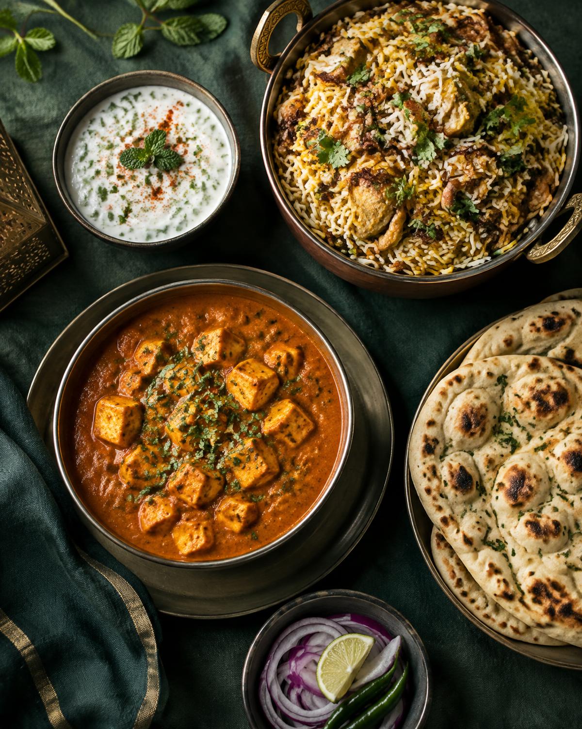 An overhead spread of Indian dishes