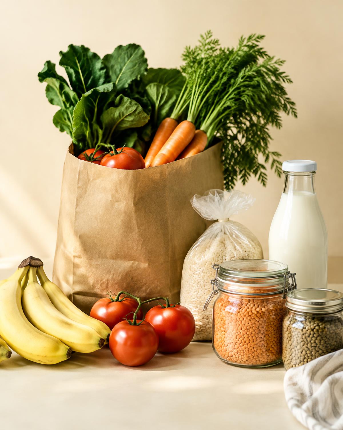A paper bag of greens, carrots and tomatoes beside rice, lentils and milk