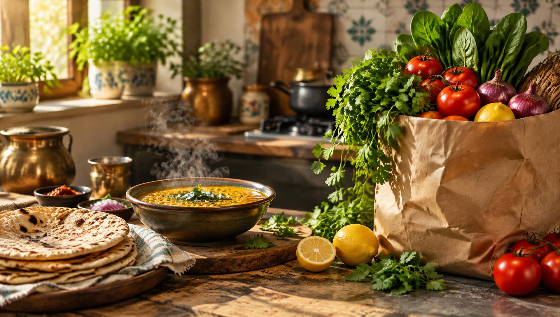 A warm kitchen with a bowl of dal, fresh rotis and a paper bag of fresh vegetables
